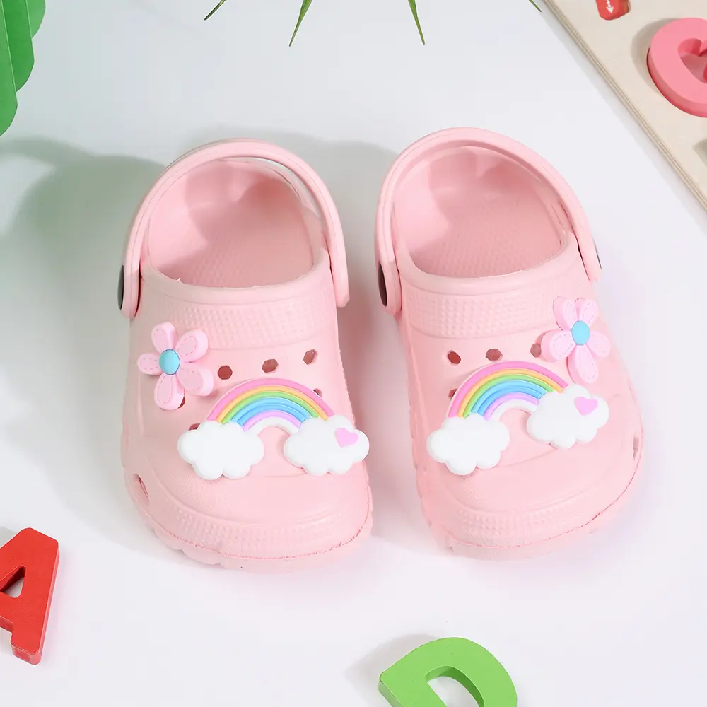 Cute Rainbow DIY Design Breathable Girl's Casual Hole Slippers Non-Slip Sandals for Indoor Outdoor Beach Garden
