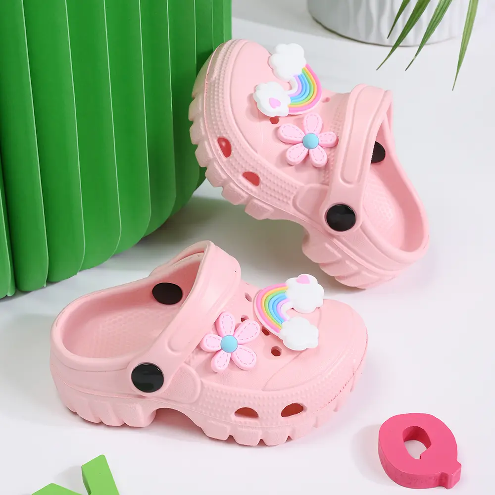 Cute Rainbow DIY Design Breathable Girl's Casual Hole Slippers Non-Slip Sandals for Indoor Outdoor Beach Garden