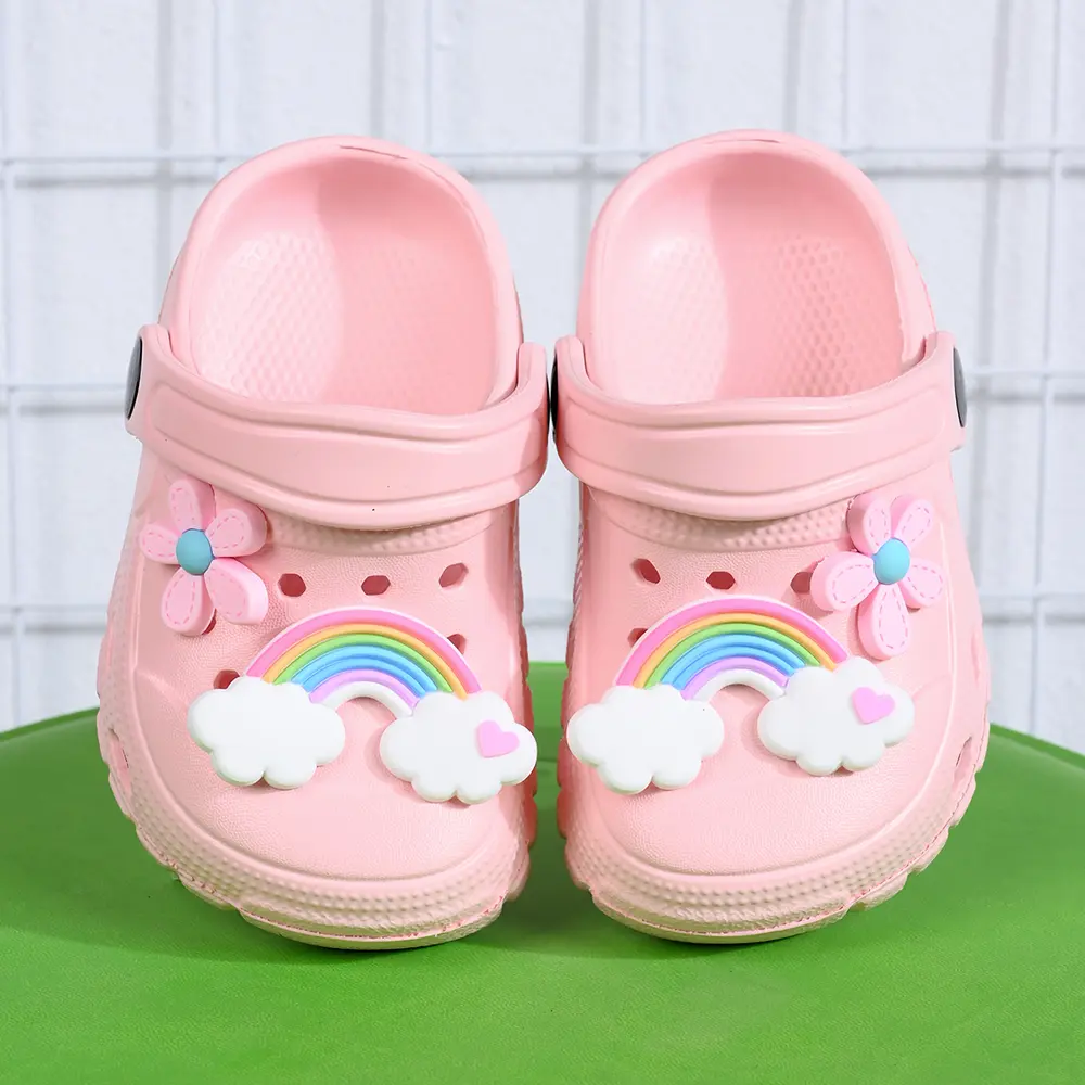 Cute Rainbow DIY Design Breathable Girl's Casual Hole Slippers Non-Slip Sandals for Indoor Outdoor Beach Garden