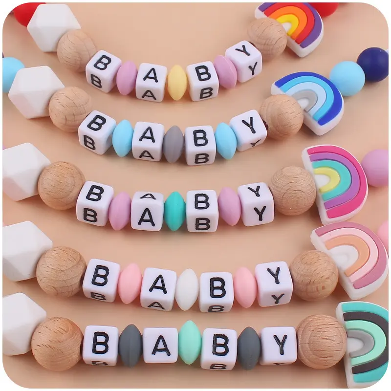 New Baby Beech Clip Silicone Pacifier Chain Rainbow Silicone Beads Pacifier Holder for Infant Nuring Teething Toys Accessories