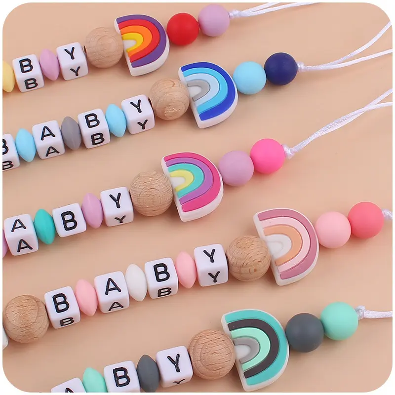 New Baby Beech Clip Silicone Pacifier Chain Rainbow Silicone Beads Pacifier Holder for Infant Nuring Teething Toys Accessories