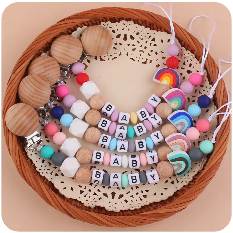 New Baby Beech Clip Silicone Pacifier Chain Rainbow Silicone Beads Pacifier Holder for Infant Nuring Teething Toys Accessories