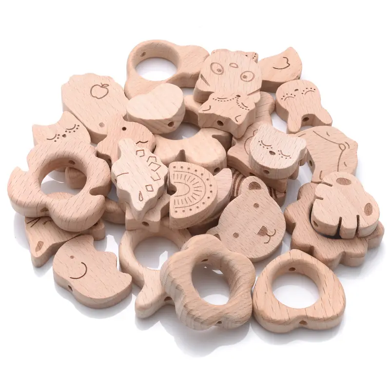 10Pcs Beach Wood Baby Beads Animal Shape Wooden Newborn Teething Ring Unfinished Baby Grasping Bracelet Toys BPA Free