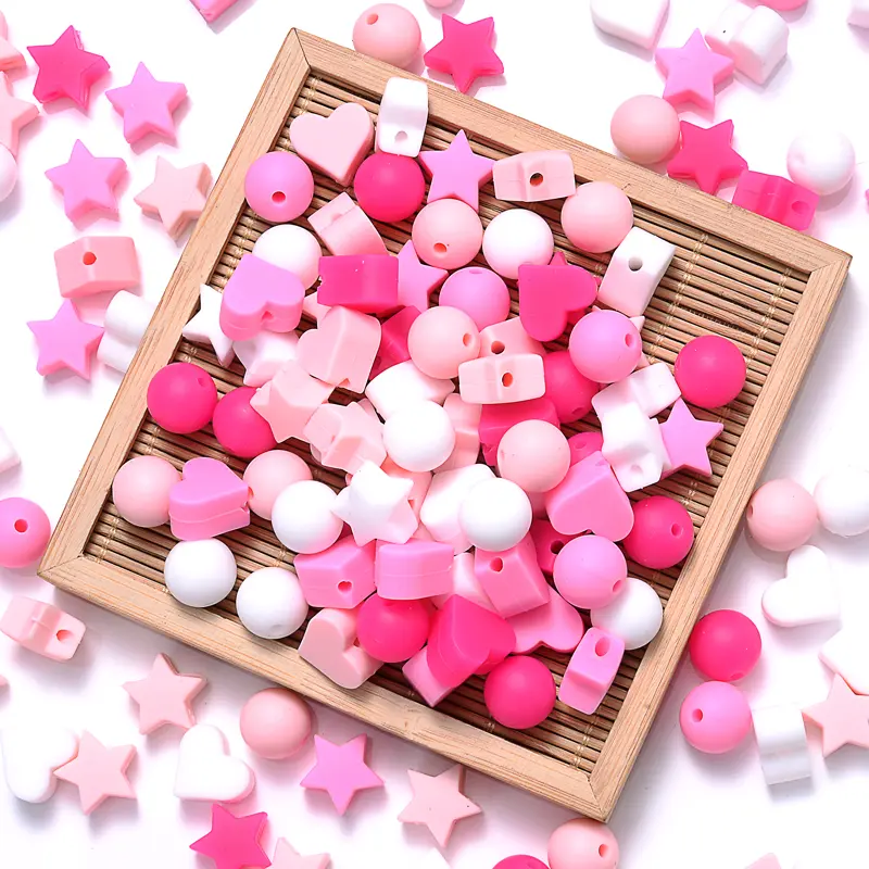 50Pcs Mix Style Silicone Beads Baby Heart Star Shape Nuring Teething Beads Sets DIY Baby Pacifier Chain Toys Accessories