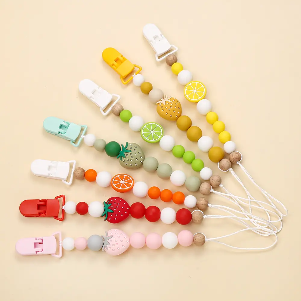 Plastic Baby Pacifier Clip Silicone Cartoon Fruit Strawberry Lemon Beaded Nipple Chain For Nipple Toy Baby Dummy Holder Chain