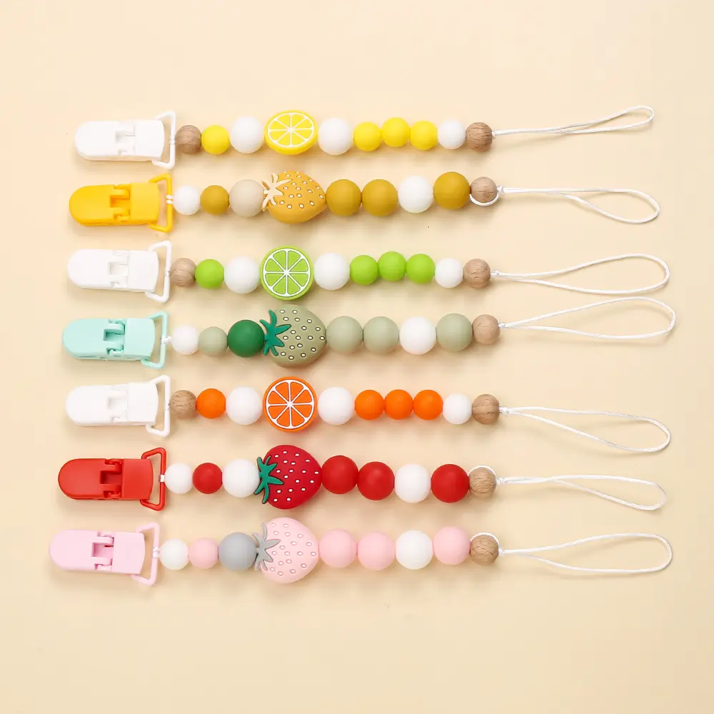 Plastic Baby Pacifier Clip Silicone Cartoon Fruit Strawberry Lemon Beaded Nipple Chain For Nipple Toy Baby Dummy Holder Chain