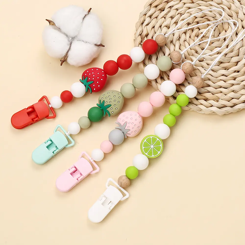 Plastic Baby Pacifier Clip Silicone Cartoon Fruit Strawberry Lemon Beaded Nipple Chain For Nipple Toy Baby Dummy Holder Chain