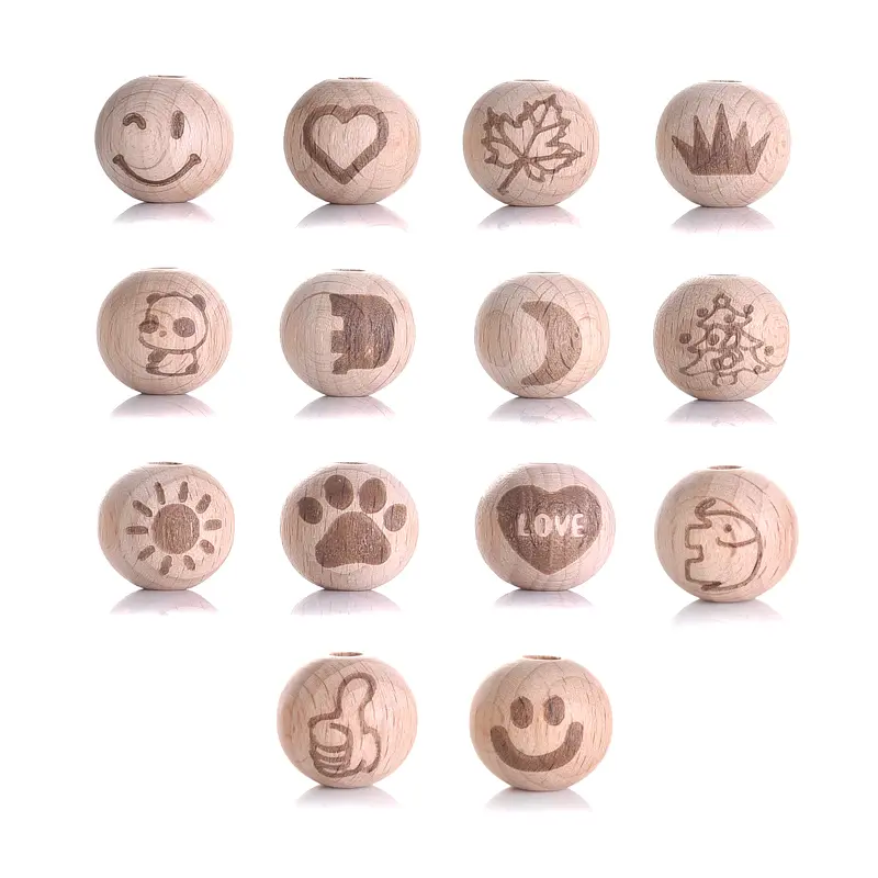 DIY 50Pcs 16mm Wooden Beads Printing Beads Heart Moon Beech Round Spacer Natural Baby Teether Lead-Free Wooden Balls Accessories
