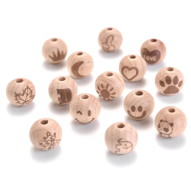 DIY 50Pcs 16mm Wooden Beads Printing Beads Heart Moon Beech Round Spacer Natural Baby Teether Lead-Free Wooden Balls Accessories