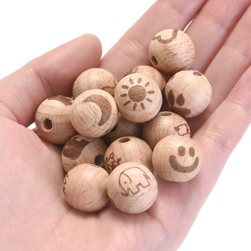 DIY 50Pcs 16mm Wooden Beads Printing Beads Heart Moon Beech Round Spacer Natural Baby Teether Lead-Free Wooden Balls Accessories