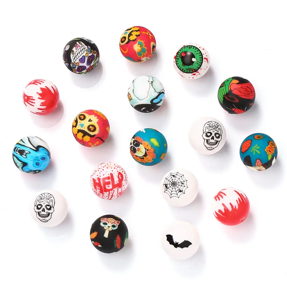 10Pcs Silicone Round Beads 15mm Halloween Cartoon Print Teething Beads for DIY Baby Pacifier Chain Bracelet Chew Toys Accessorie