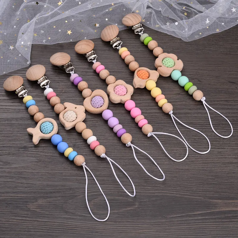 New Baby Beech Wooden Pacifier Clip Silicone Round Beads Infant Dummy Holder Chain For Nursing Chewing Toys Shower Gift