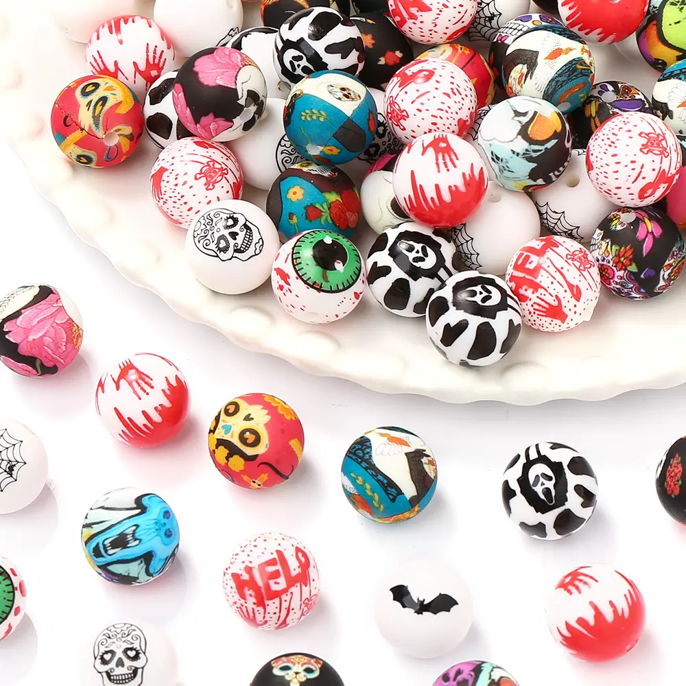 10Pcs Silicone Round Beads 15mm Halloween Cartoon Print Teething Beads for DIY Baby Pacifier Chain Bracelet Chew Toys Accessorie