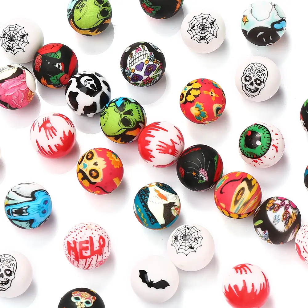 10Pcs Silicone Round Beads 15mm Halloween Cartoon Print Teething Beads for DIY Baby Pacifier Chain Bracelet Chew Toys Accessorie