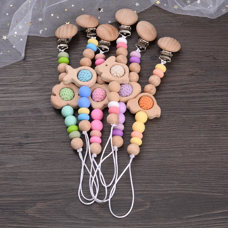 New Baby Beech Wooden Pacifier Clip Silicone Round Beads Infant Dummy Holder Chain For Nursing Chewing Toys Shower Gift