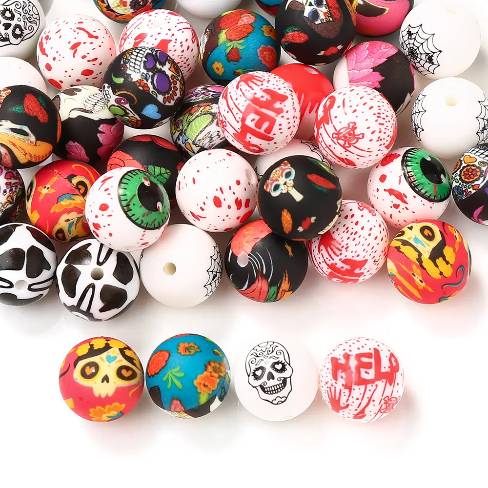 10Pcs Silicone Round Beads 15mm Halloween Cartoon Print Teething Beads for DIY Baby Pacifier Chain Bracelet Chew Toys Accessorie