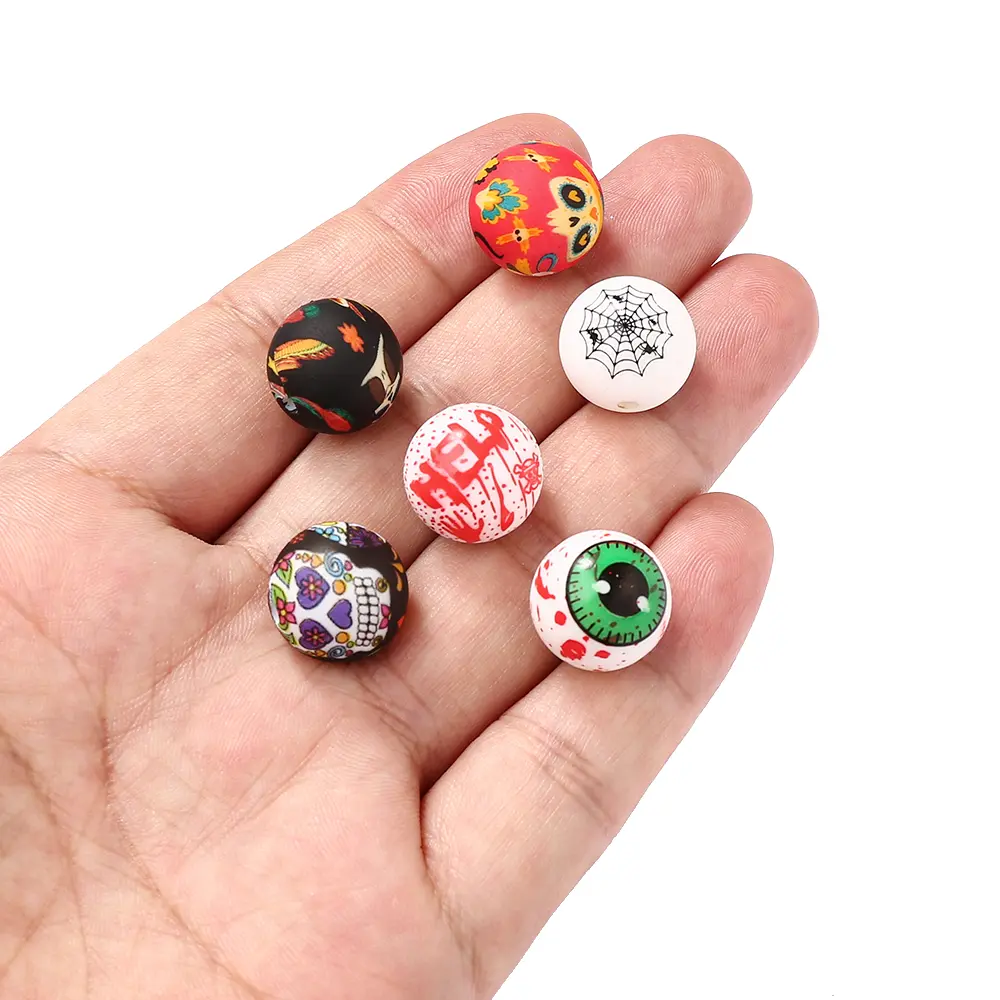 10Pcs Silicone Round Beads 15mm Halloween Cartoon Print Teething Beads for DIY Baby Pacifier Chain Bracelet Chew Toys Accessorie
