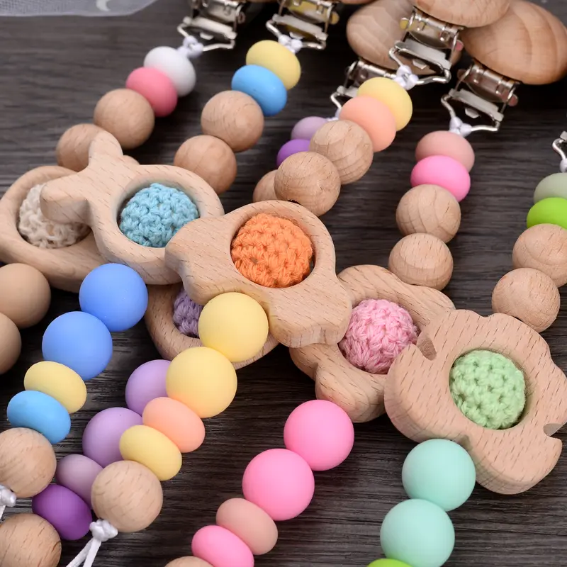New Baby Beech Wooden Pacifier Clip Silicone Round Beads Infant Dummy Holder Chain For Nursing Chewing Toys Shower Gift