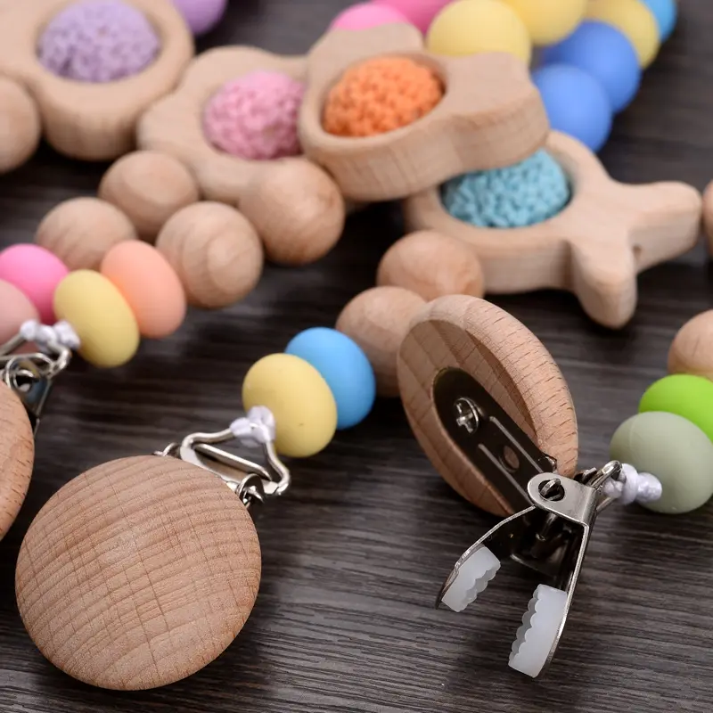 New Baby Beech Wooden Pacifier Clip Silicone Round Beads Infant Dummy Holder Chain For Nursing Chewing Toys Shower Gift