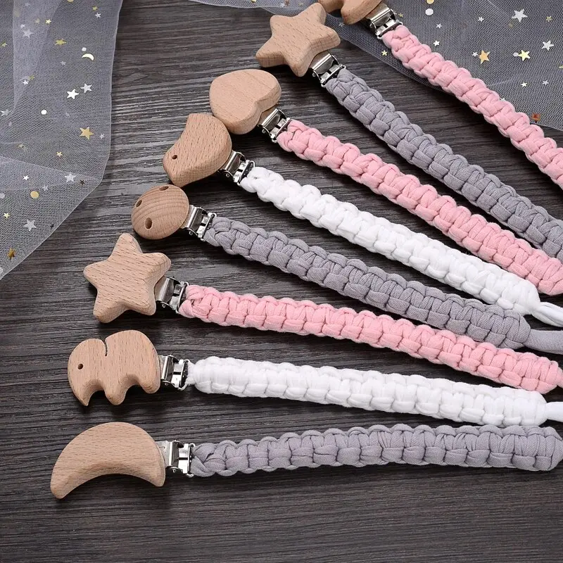 New Crochet Cotton Baby Pacifier Chain Moon Heart Beech Wood Clip For Handmade Baby Nipple Soother Chain Teething Toy