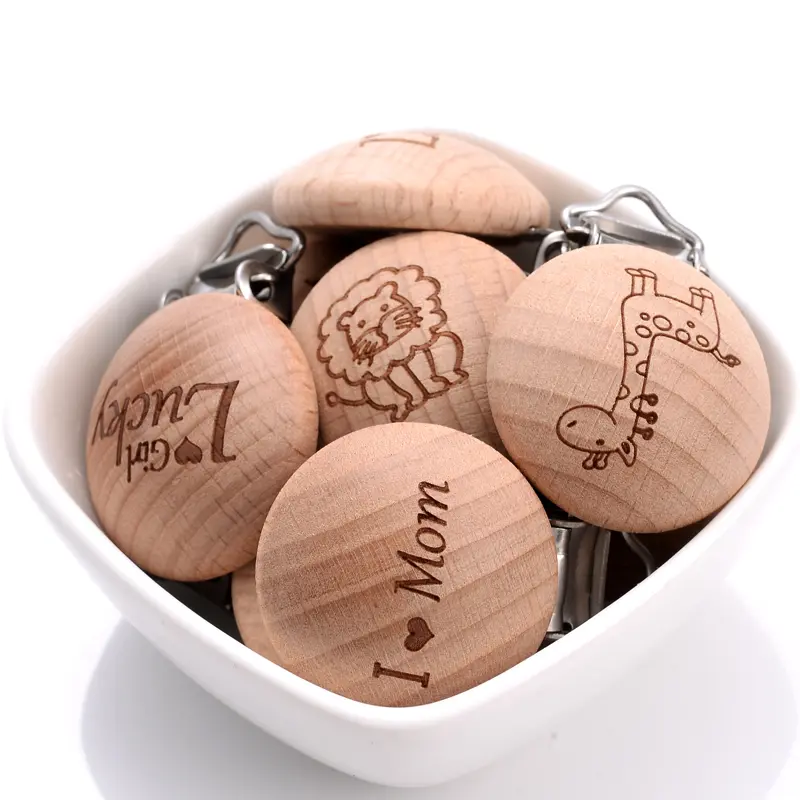 5Pcs Beech Pacifier Clip 30mm Wooden Animal Letter Pattern Pacifier Metal Clips Holder Pacifier Wooden Baby Teether Accessories