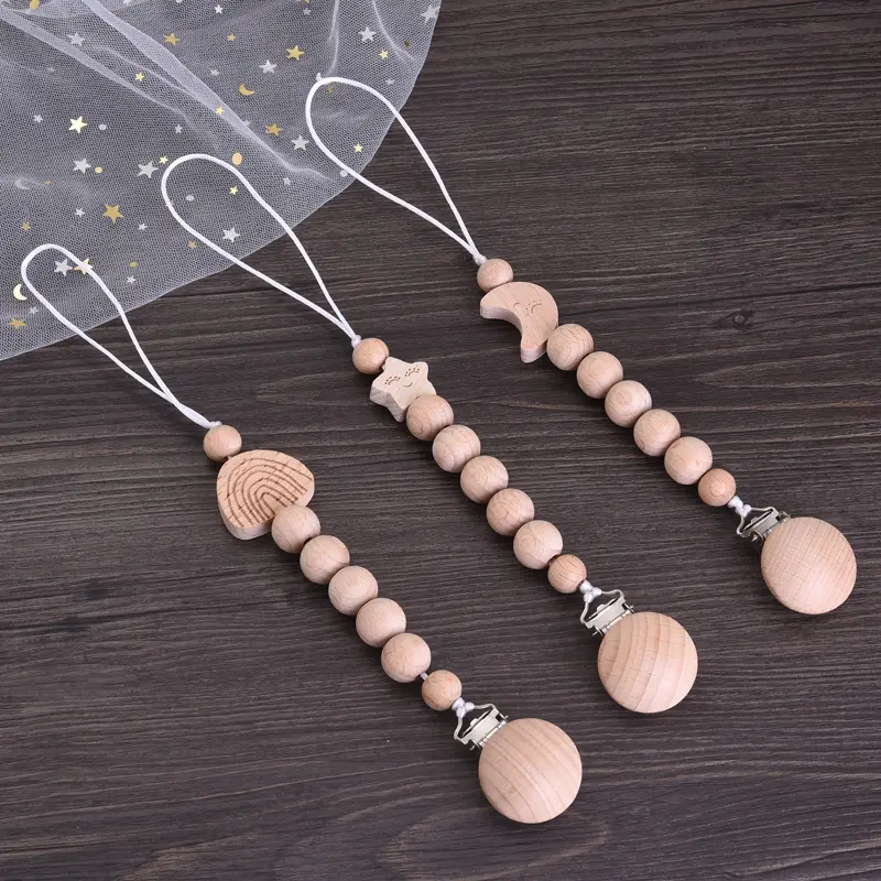 Baby Beech Wood Pacifier Clip Hand Ring Set Wooden Round Bead Soother Nipple Chain For Nursing Toy Infant Teether Teething Chain