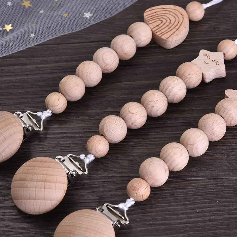 Baby Beech Wood Pacifier Clip Hand Ring Set Wooden Round Bead Soother Nipple Chain For Nursing Toy Infant Teether Teething Chain