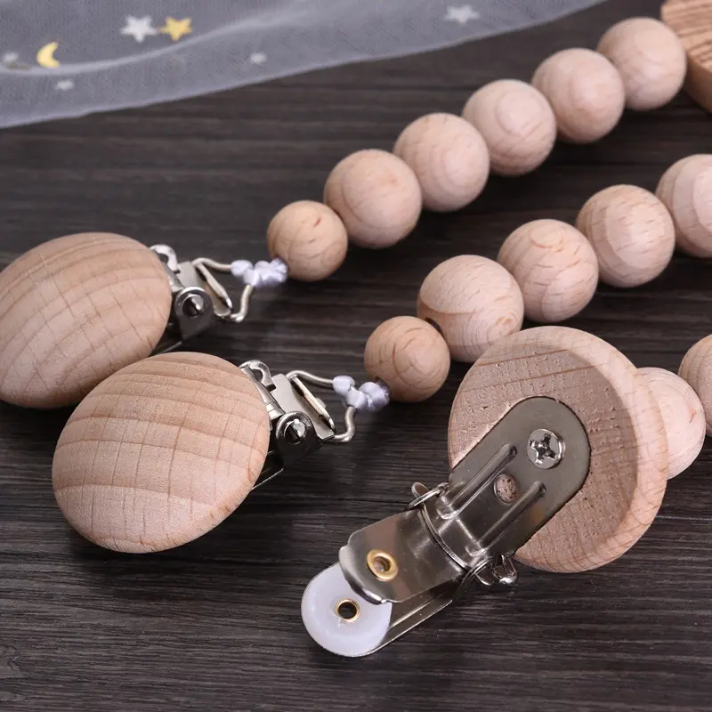 Baby Beech Wood Pacifier Clip Hand Ring Set Wooden Round Bead Soother Nipple Chain For Nursing Toy Infant Teether Teething Chain