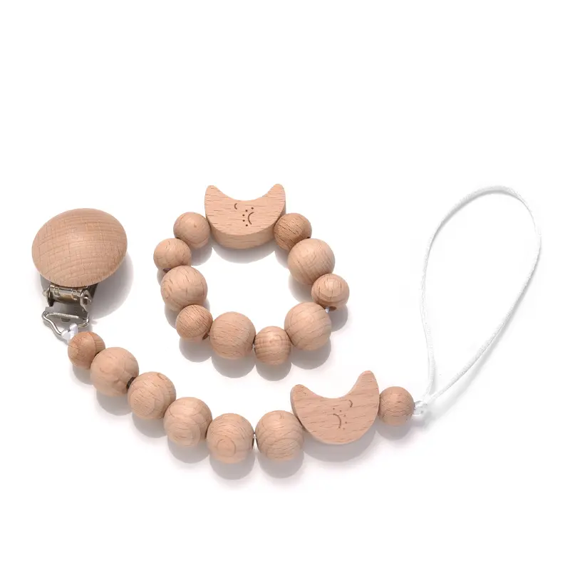 Baby Beech Wood Pacifier Clip Hand Ring Set Wooden Round Bead Soother Nipple Chain For Nursing Toy Infant Teether Teething Chain
