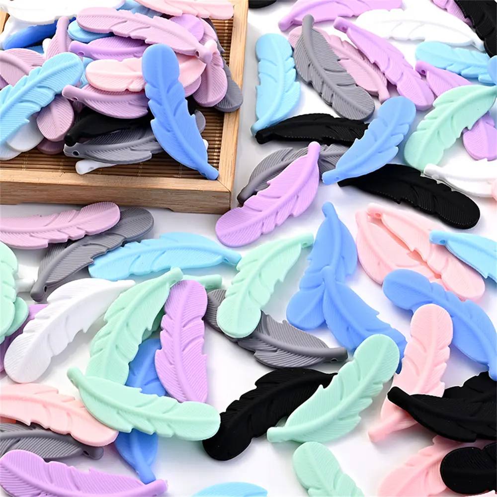 10PCS Silicone Beads Feather Food Grade Silicone Teethers Baby Teething Bead DIY Baby Pacifier Necklace Teething Toys BPA Free