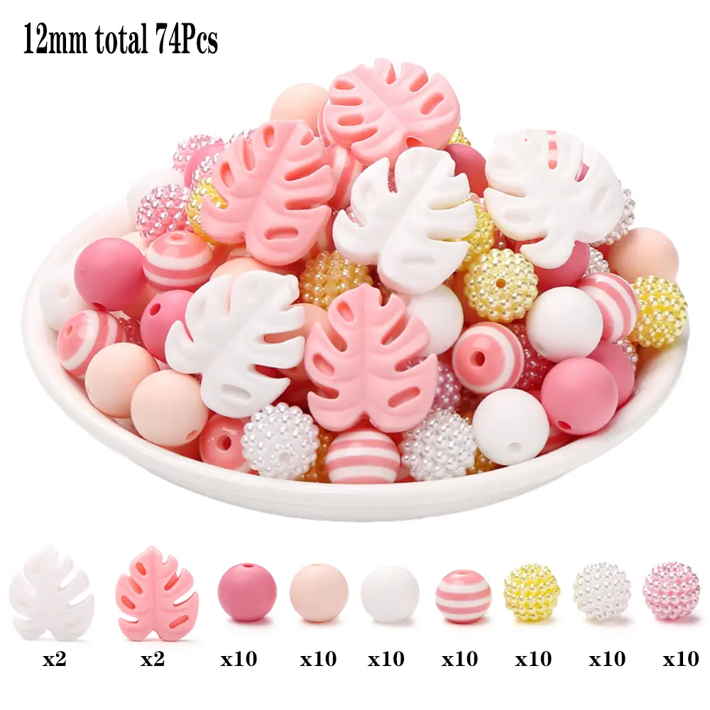 74Pcs Silicone Acrylic Beads Set 12mm Round Turtle Back Leaf Teether Beads For Baby Pacifier Chain DIY Jewelry Making Accessory