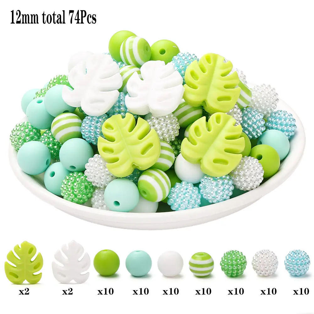 74Pcs Silicone Acrylic Beads Set 12mm Round Turtle Back Leaf Teether Beads For Baby Pacifier Chain DIY Jewelry Making Accessory