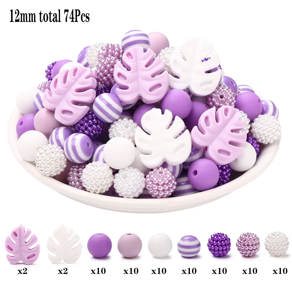 74Pcs Silicone Acrylic Beads Set 12mm Round Turtle Back Leaf Teether Beads For Baby Pacifier Chain DIY Jewelry Making Accessory