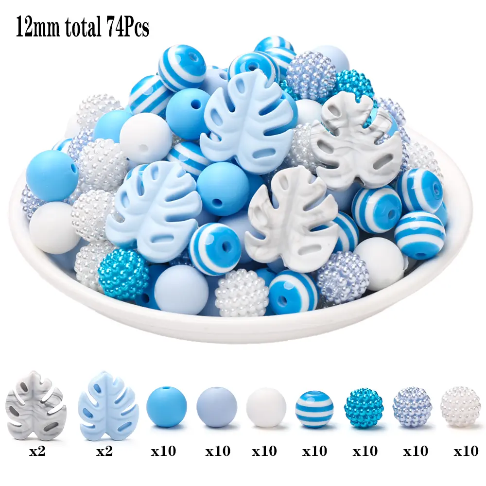 74Pcs Silicone Acrylic Beads Set 12mm Round Turtle Back Leaf Teether Beads For Baby Pacifier Chain DIY Jewelry Making Accessory