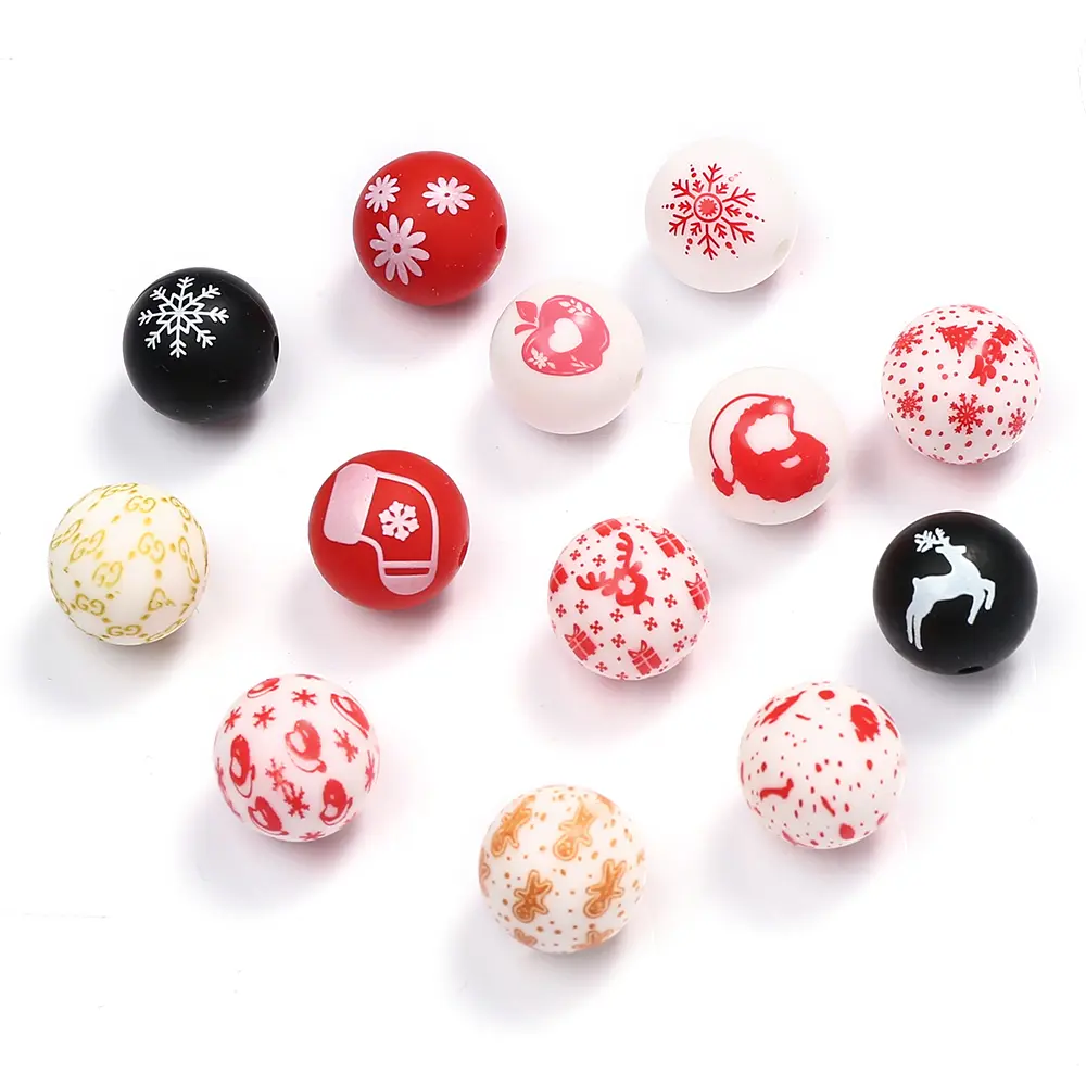10Pcs Silicone Print Beads 15mm Round Christmas Teething Beads DIY Baby Pacifier Chain Necklace Pendant Toys Accessories