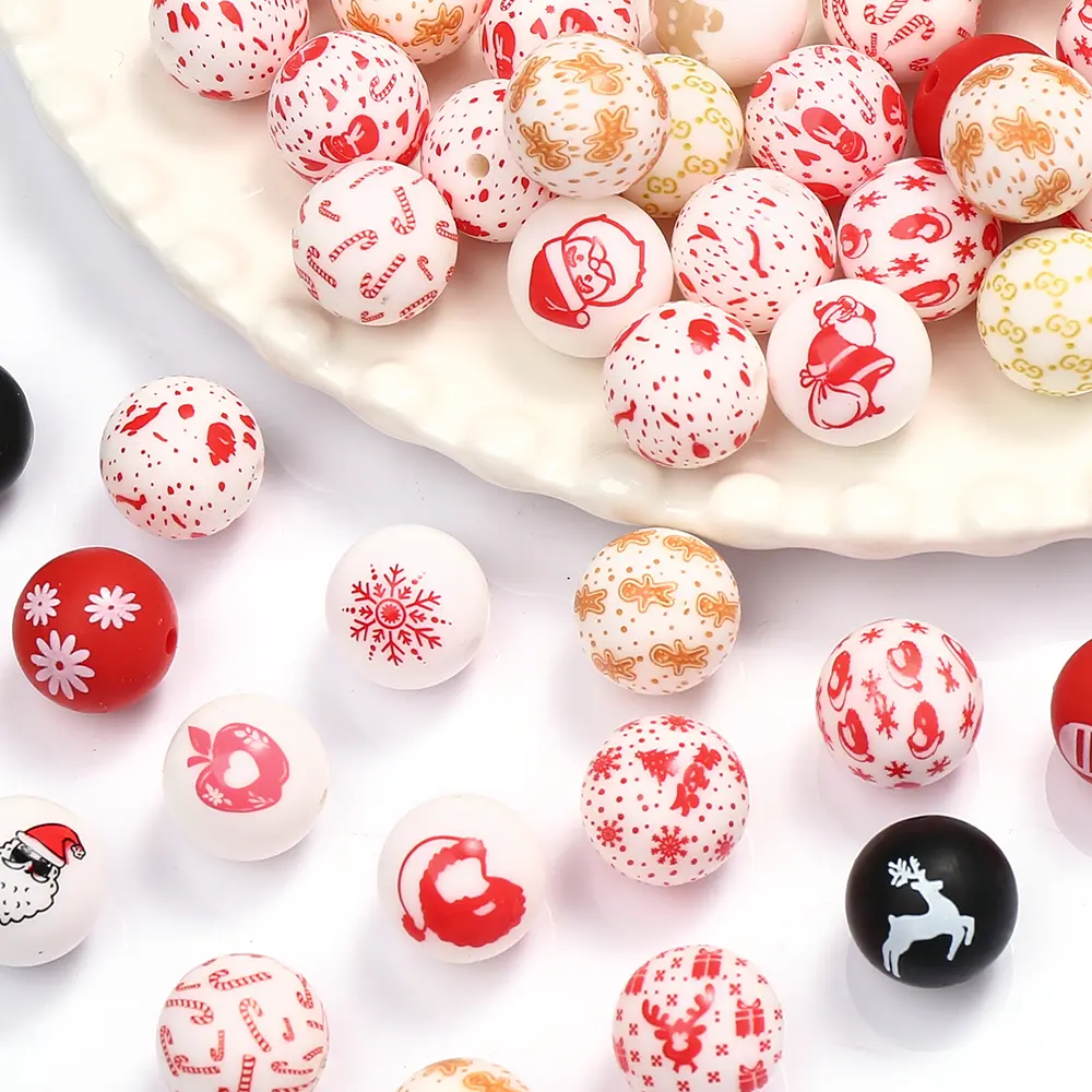 10Pcs Silicone Print Beads 15mm Round Christmas Teething Beads DIY Baby Pacifier Chain Necklace Pendant Toys Accessories