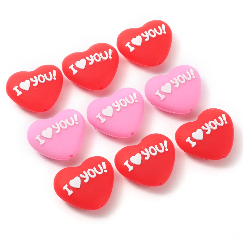 10Pcs Valentine's Day Silicone Teether Beads 25x28mm Pink Red Heart-Shape Focus Beads DIY Pacifier Chain Bracelet Jewelry Making