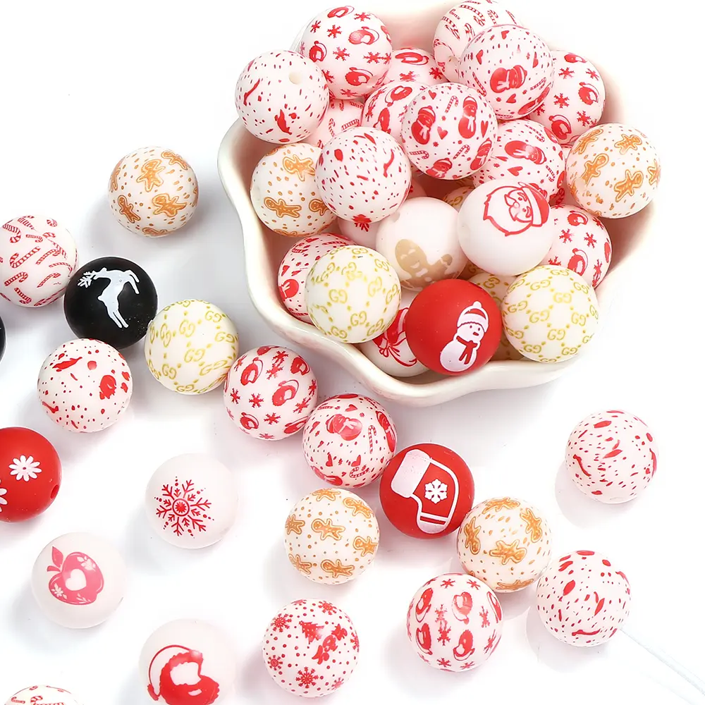 10Pcs Silicone Print Beads 15mm Round Christmas Teething Beads DIY Baby Pacifier Chain Necklace Pendant Toys Accessories