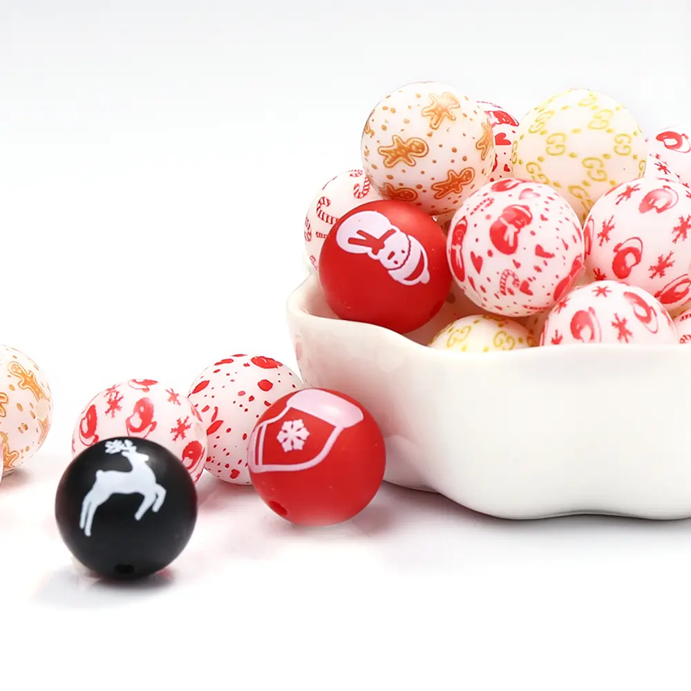 10Pcs Silicone Print Beads 15mm Round Christmas Teething Beads DIY Baby Pacifier Chain Necklace Pendant Toys Accessories