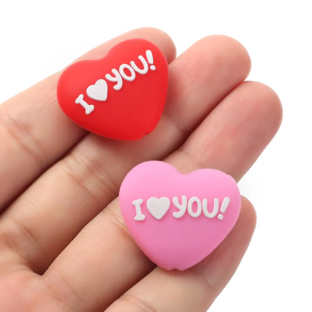 10Pcs Valentine's Day Silicone Teether Beads 25x28mm Pink Red Heart-Shape Focus Beads DIY Pacifier Chain Bracelet Jewelry Making
