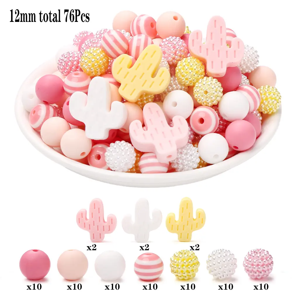 76Pcs 12mm Silicone Acrylic Round Beads Set Silicne Cactus Focal Beads DIY Baby Pacifier Chain Teether Bracelet Jewelry Making