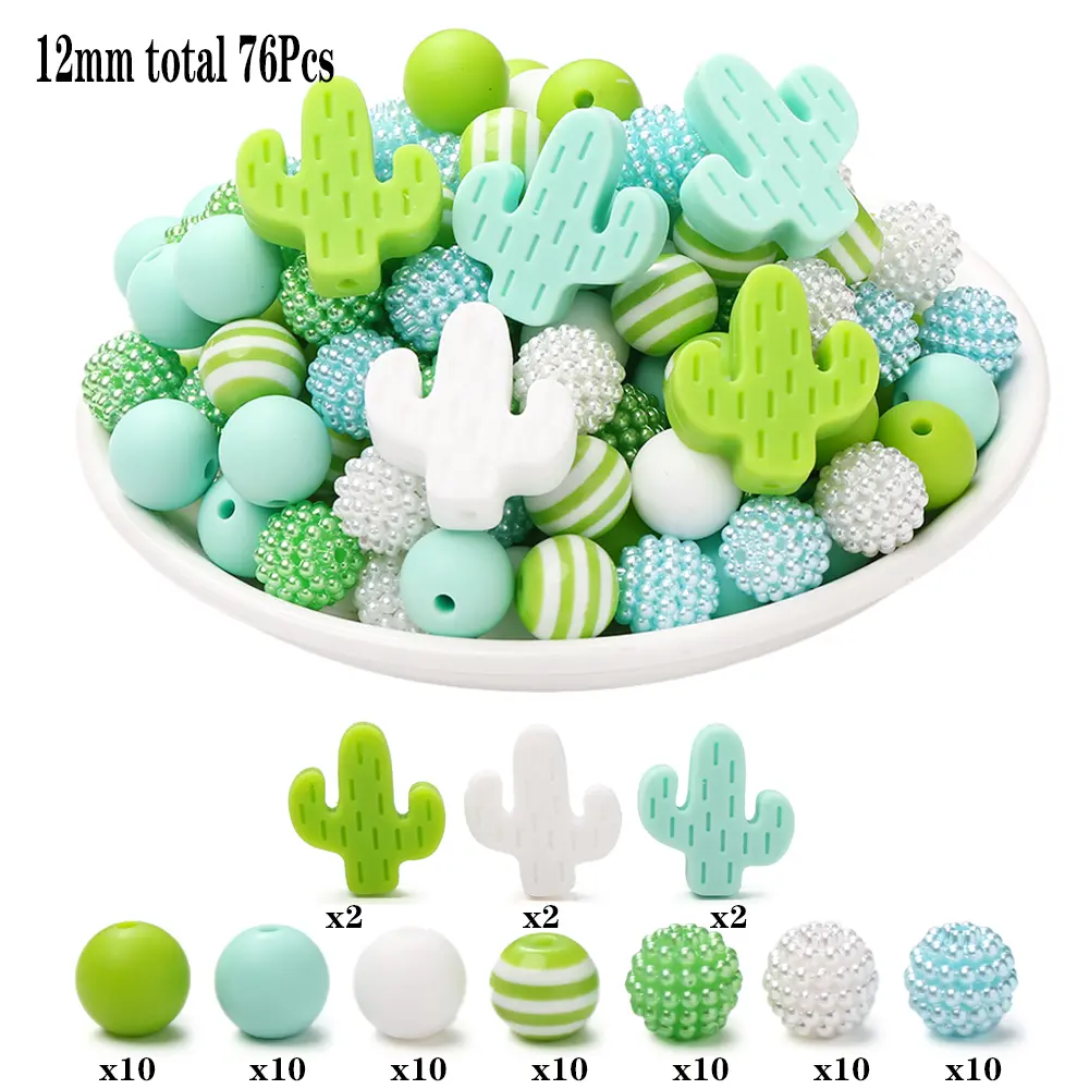 76Pcs 12mm Silicone Acrylic Round Beads Set Silicne Cactus Focal Beads DIY Baby Pacifier Chain Teether Bracelet Jewelry Making