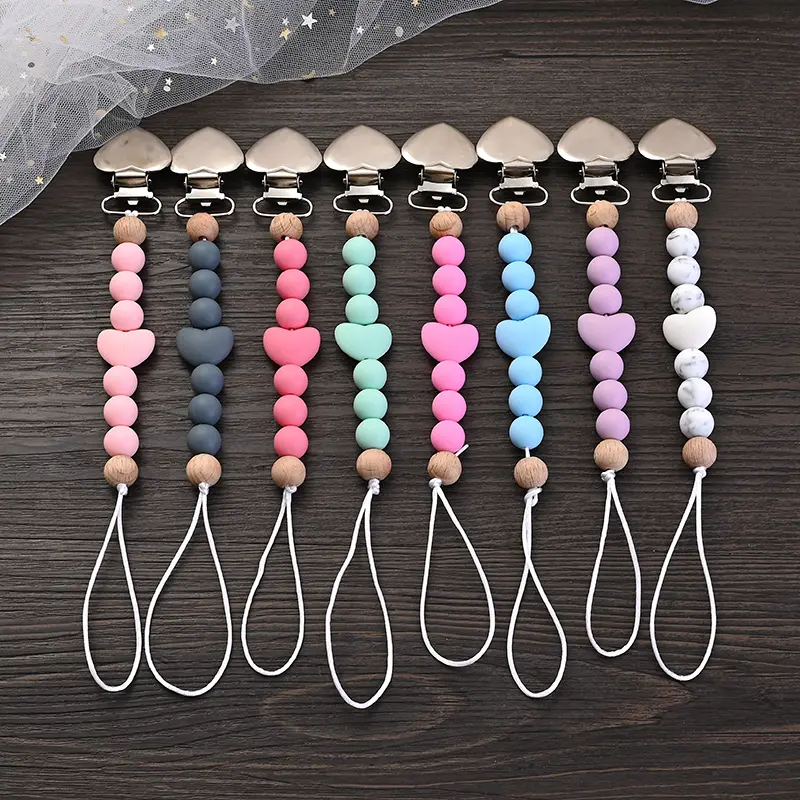 New Baby Heart Metal Nipple Clips Silicone Round Teether Beads Pacifier Chain For Baby Teething Nursing Safe Chew Toys BPA Free