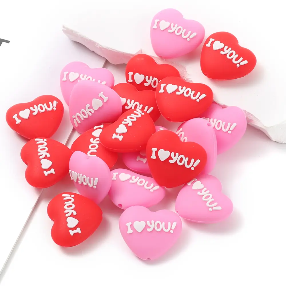 10Pcs Valentine's Day Silicone Teether Beads 25x28mm Pink Red Heart-Shape Focus Beads DIY Pacifier Chain Bracelet Jewelry Making
