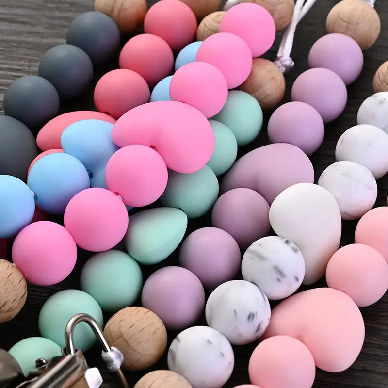 New Baby Heart Metal Nipple Clips Silicone Round Teether Beads Pacifier Chain For Baby Teething Nursing Safe Chew Toys BPA Free