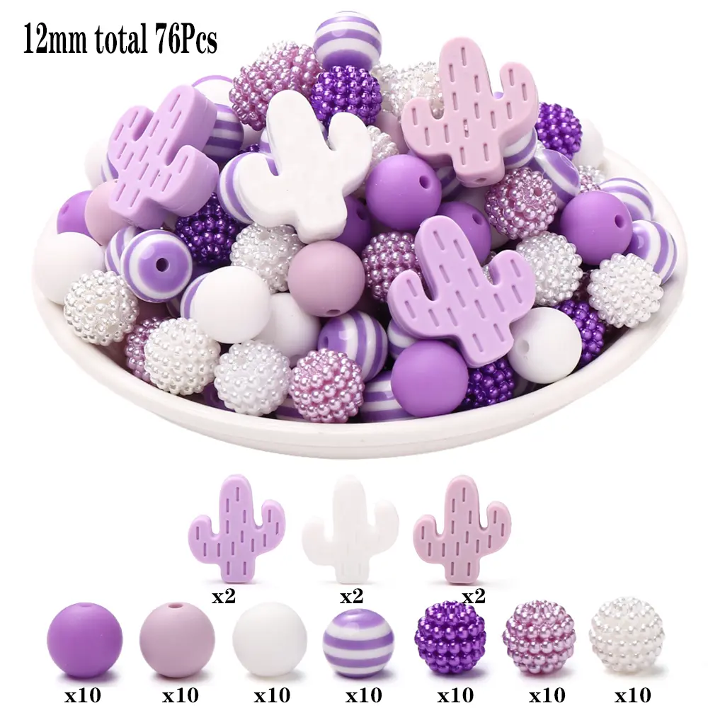 76Pcs 12mm Silicone Acrylic Round Beads Set Silicne Cactus Focal Beads DIY Baby Pacifier Chain Teether Bracelet Jewelry Making
