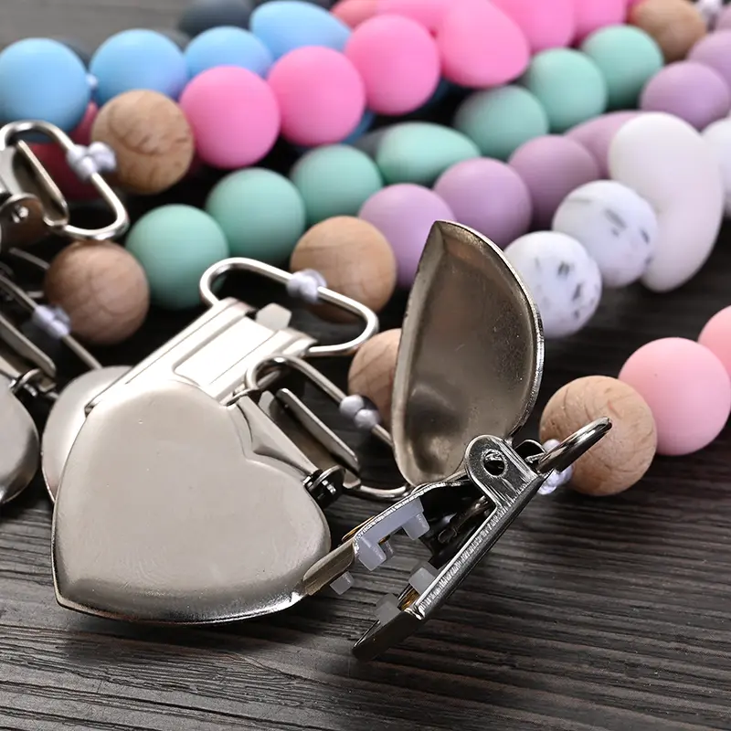 New Baby Heart Metal Nipple Clips Silicone Round Teether Beads Pacifier Chain For Baby Teething Nursing Safe Chew Toys BPA Free