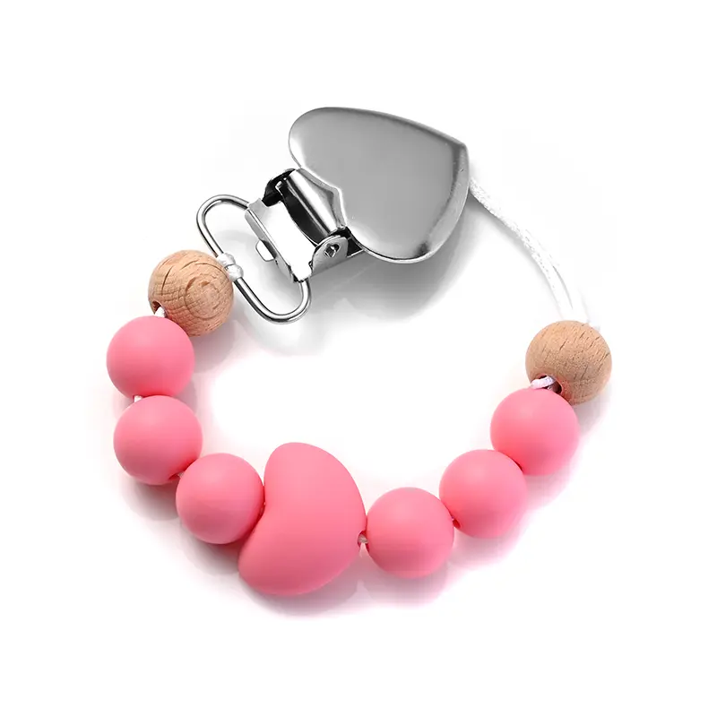 New Baby Heart Metal Nipple Clips Silicone Round Teether Beads Pacifier Chain For Baby Teething Nursing Safe Chew Toys BPA Free