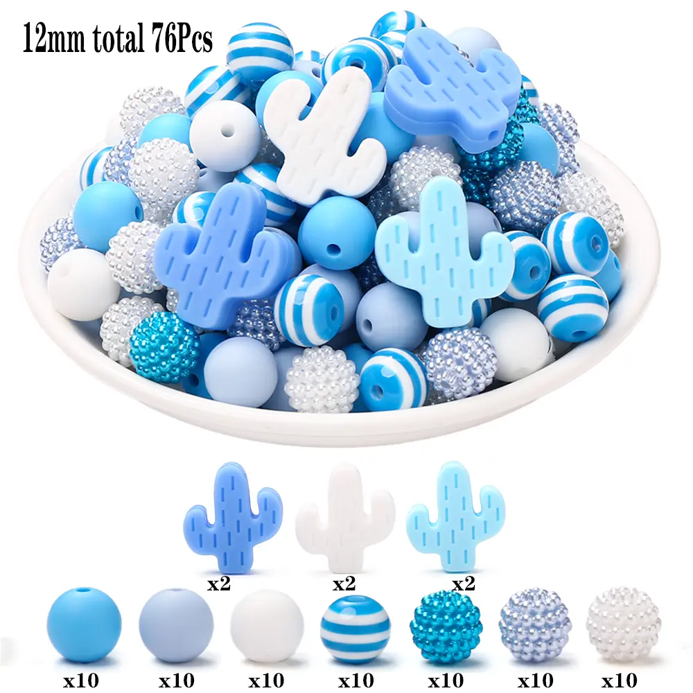 76Pcs 12mm Silicone Acrylic Round Beads Set Silicne Cactus Focal Beads DIY Baby Pacifier Chain Teether Bracelet Jewelry Making