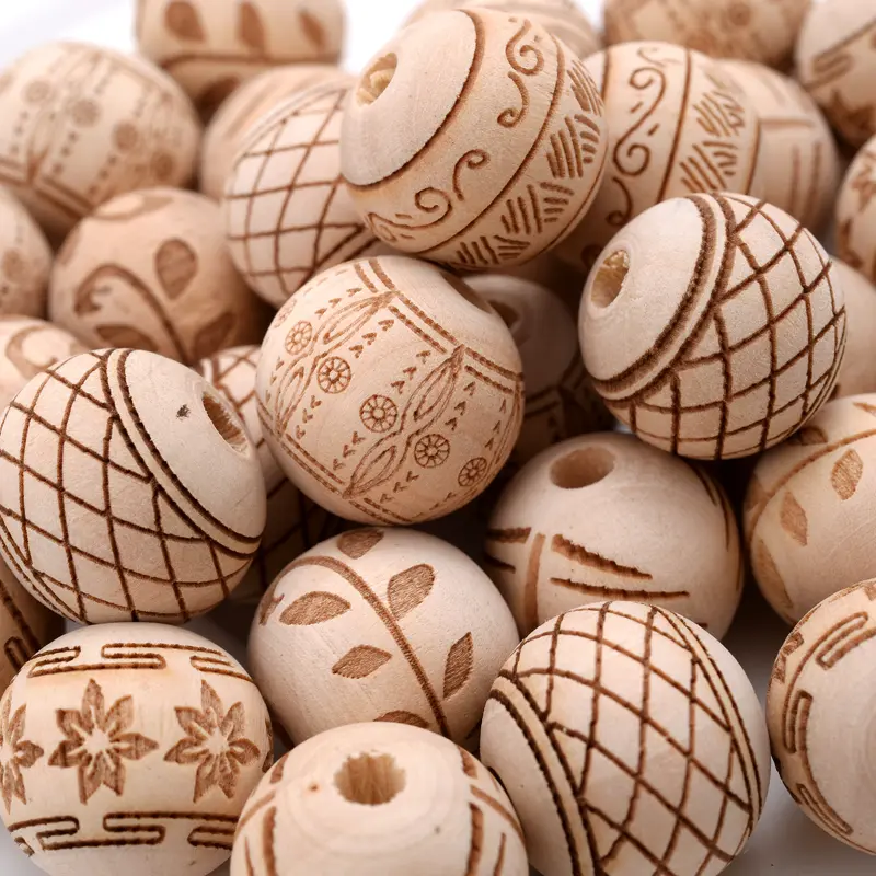 18mm 10Pcs Natural Hemu Carved Wooden Round Loose Beads Fashion Crafts Kid Toys Jewelry Bracelet Teether Beads Accessories